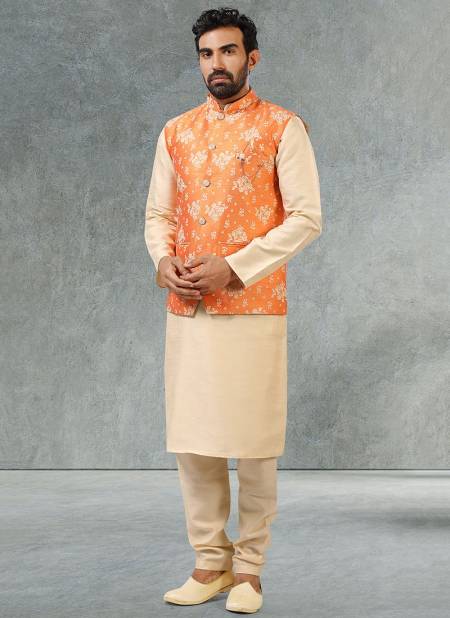 Orange Latest Party Wear Jacquard Banarasi Silk Digital Print Kurta Pajama With Jacket Mens Collection 1055